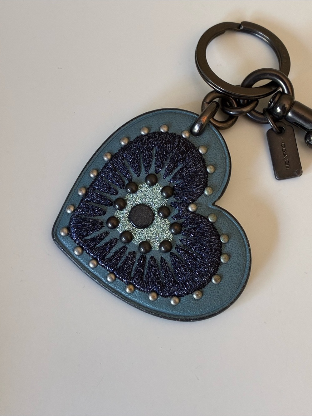 Coach Embroidered Glitter Heart Bag Charm Key Chain With Rivets, Blue / Gunmetal - Picture 10 of 16